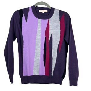 Camela Sweater Womens Small Purple Merino Wool Knit Abstract Artsy Academia Crew